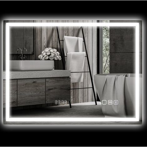 Miroir LED de salle de bain 80 x 60 cm avec Bluetooth, horloge digitale, 3 couleurs de lumière, anti-buée, tactile et mémoire - CHICFURN (1/5)