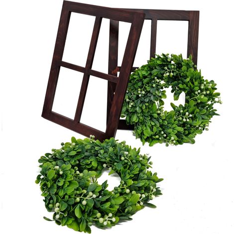 2er Set Holz Fensterrahmen mit Mistelkranz - shabby weiß - Holzrahmen mit künstlichem Grünkranz