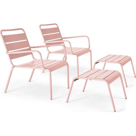 Lot de 2 fauteuils relax avec repose-pieds en métal Rose poudré - Palavas