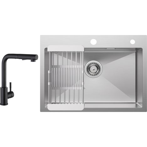 Cecipa Évier de Cuisine 1 Bac 60×45×18CM Évier Cuisine Acier Inoxydable 304 Brossé avec Panier de Drainage + Noir Mitigeur de Cuisine avec Douchette Extractible 2 Modes de pulvérisat (1/5)