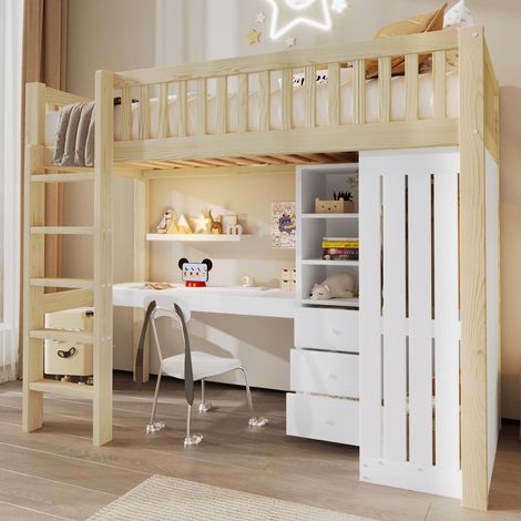 Lit mezzanine 90x200 avec bureau intégré, armoire, 3 tiroirs, étagères ouvertes, garde-corps, échelle, sans matelas, finition bois naturel (1/5)