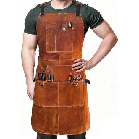 Delantal de trabajo, Resistente al calor, Con 6 bolsillos, Ajustable, Unisex, mecánico, taller, Regalo para el Día del Padre o cumpleaños, Marrón (1/5)