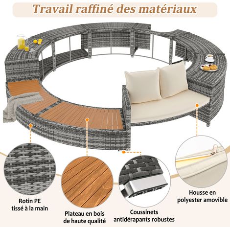 Salon de jardin rond en rotin PE avec coussins et rangement, pieds réglables, pour spa et piscine, terrasse et espace extérieur, diamètre extérieur 283 cm