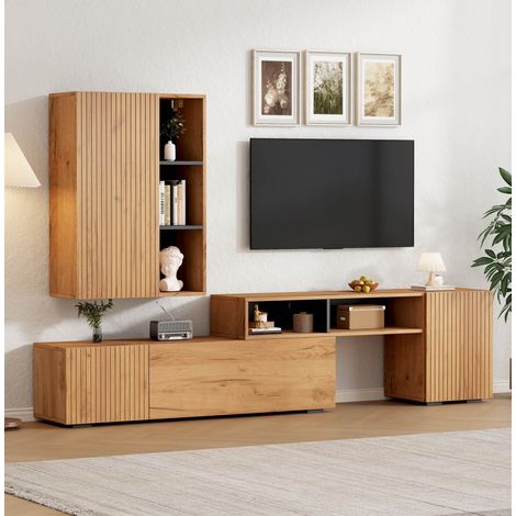Ensemble meuble TV mural extensible 174-265 cm avec rangement, pose au sol ou suspendue, TV jusqu'à 120 pouces, Bois et Noir (1/5)