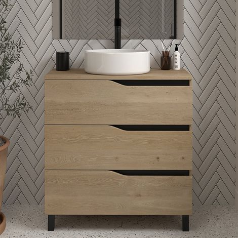 Meuble de salle de bain 60 avec plateau et vasque à poser - sans miroir - 3 tiroirs - madera miel (bois clair) - MATA (1/4)