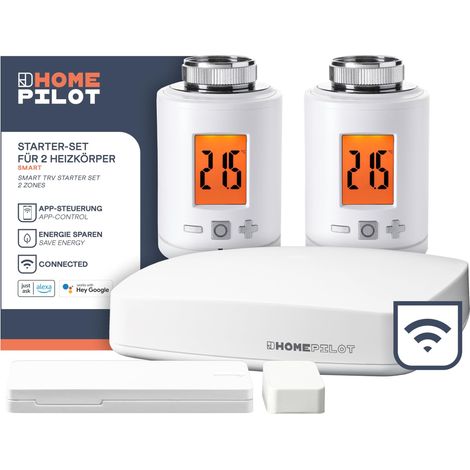 HOMEPILOT - Set base per 2 termosifoni smart Set completo per una facile installazione Contenuto: 1 x Gateway premium, 2 x Termostato smart per termosifoni, 1 x Sensore smart per porte e finestre (1/5)