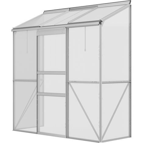 Anlehngewächshaus, Schiebetür, Dachfenster, Polycarbonat und Aluminium, silberfarben, 192 x 68 x 196 cm