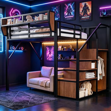 Lit mezzanine enfant 140x200cm avec bande LED et escalier rangements,métal lit superposé avec étagère,Cadre de lit ado double,sans matelas,Noir (1/4)