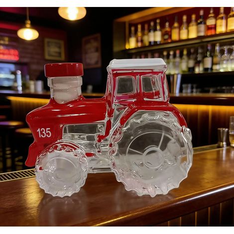 Carafe à whisky en forme de tracteur rouge (couvercle rouge), bouteille en verre originale sur le thème de la ferme, idéale pour la décoration de bar et les cadeaux aux agriculteurs. (1/5)