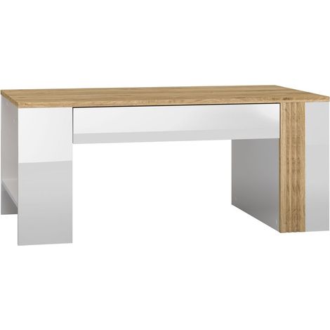 Couchtisch mit Schublade Eiche Castello Nb. mit weiß Hochglanz AKRON-131, B/H/T: ca. 109/48/60 cm (1/5)