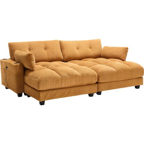 Sillón Lounge Con USB Y Portavasos, Reposabrazos Reversibles, Cojín Reposacabezas Ajustable en Pana Amarillo Mostaza (1/5)