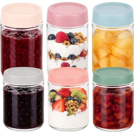 Tarros para conservas Relaxdays, set 6, 350/400 ml, tapa Twist-Off, para mermeladas y compotas, transparentes/pastel