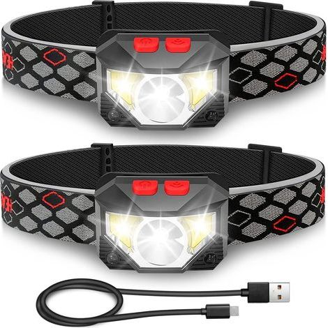 Lampada frontale a LED, confezione da 2 lampade super luminose con sensore di movimento, 1000 lumen, 10 modalità, lampada frontale ricaricabile USB da 1200 mAh, torcia impermeabile, campeggio, escursi (1/5)