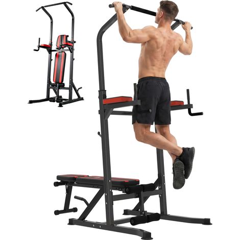Estación de Musculación Torre de Entrenamiento Altura Ajustable con Barra de Dominadas y Banco Plegable para Fitness en Casa Gimnasio 99x178x236 cm (1/5)