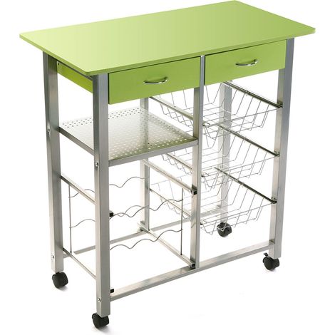 Carrello da Cucina verde in Legno e Acciaio Piano di Lavoro 76x40 2 Cassetti 3 Cestini Porta Frutta Cantinetta 6 porta bottiglie e 4 Ruote (1/5)
