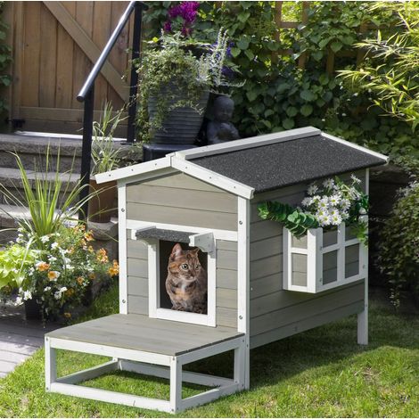Casetta per gatti 115x66,5x74,7 cm in legno grigio e bianco con terrazza FloraGrace (1/5)