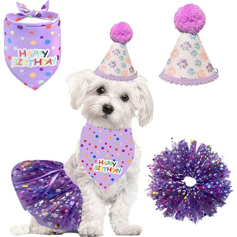 Lot de 3 bandanas d'anniversaire pour chien, bandana violet pour anniversaire, chapeau d'anniversaire pour chien, fille – Fournitures de fête à paillettes – Accessoires de décoration mignons (1/5)