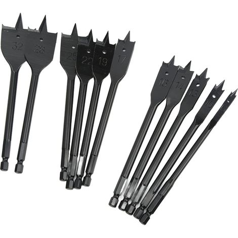 Coffret de 11 forets plats en acier à haute teneur en carbone, tête plate de 6 à 32 mm, tige hexagonale, outil de perçage pour le travail du bois. (1/5)