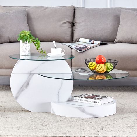 Mesa de centro redonda de 2 niveles con vidrio de seguridad, blanco mármol, Ø 50/70 cm DESVIAE (1/5)
