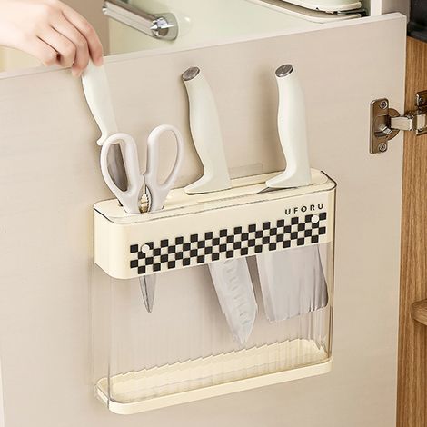 Porte-couteaux mural de comptoir, fixation murale pour cuisine, sans perçage, porte-couteaux en plastique luxueux avec égouttoir (1/5)