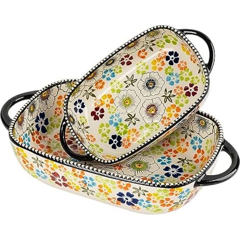 Lot de 2 plats de cuisson rectangulaires en céramique de style pastoral rétro avec poignée en porcelaine peinte à la main pour four/cuisine/cuisine (traces vertes) (1/5)