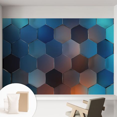 Papier peint intissé mural avec imprimé pour décoration pour salon pour chambre à coucher pour entrée Hexagones bleus 152x104 cm (1/5)