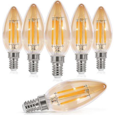 E14 Ampoules LED, Lot de 6 Ampoule Blanc Chaud à Filament  4W (Equivalent 40W), Vintage Edison Lampe Ambre Glow 2700K, Filament LED Rétro En Forme de Bougie, Non-dimmable (1/5)
