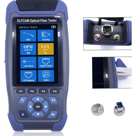 Elfcam – OTDR portable 4 en 1 pour FTTH – 1310nm / 1550nm, 24dB / 22dB – Portée jusqu'à 60 km – Connecteur SC/APC – Écran couleur 3,5 pouces