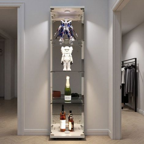 LED-Vitrinenschrank - Glasvitrine - 4 Regale - Weiße Struktur - Mit Schloss gesichert