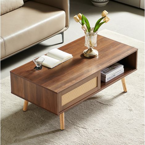 Table basse en MDF marron 105 x 55 cm avec porte coulissante en rotin et pieds en bois massif (1/5)