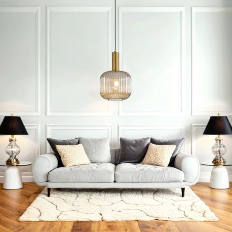 Lampadario moderno, portalampada a sospensione color oro con paralume in vetro ambrato, lampada a sospensione a LED