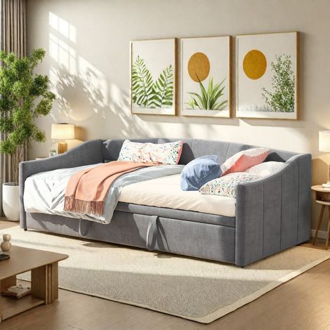Lit gigogne extensible 90/180x200 cm - Canapé Lit Convertible 90/180x200 - Lit simple en velours avec rangement - Sommier à Lattes - Gris - Salon/Chambre