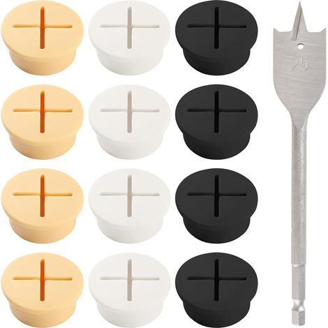 12 Pièces 25mm Oeillet de Bureau, Passe Câble en Silicone Flexible, Trou de Câble de Bureau, avec Perceuse, Pour les Meubles de Bureau, Table Bureau D'ordinateu, Noir/Blanc/Jaune (1/4)