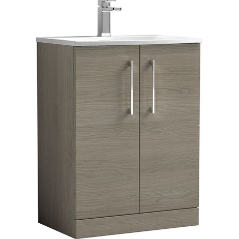 Balterley Modern Bathroom Floor Standing 2 Soft Close Door Vanity Unit & Curved Basin, Solace Oak, 600mm