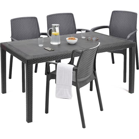Dmora - Set salotto da esterno Roccaraso, Salottino outdoor e indoor, Tavolo rettangolare fisso con 4 sedie impilabili, Made in Italy, Antracite
