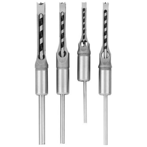 Ciseaux à Bois Carrés Creux Lot de 4, Forets Acier pour Menuiserie, Compatible Scie Cloche Carrée, Kit Mèches à Mortaiser, Tailles 1 4 5 16 3 8 1 2 Pouces (1/4)