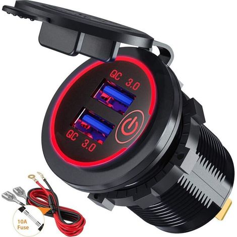Prise de chargeur rapide voiture USB 36W, adaptateur double QC3.0 avec interrupteur 12V/24V, compatible bateau, moto, camion, marine - Rouge (1/5)