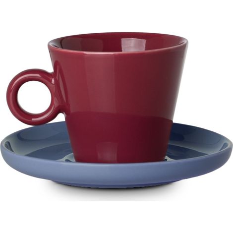 Sahne-Cappuccino-Tasse 200 ml, rot mit blauer Untertasse