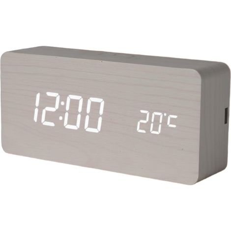 Réveil numérique LED en bois avec grand écran LCD, heure, date, température(blanc) (1/5)