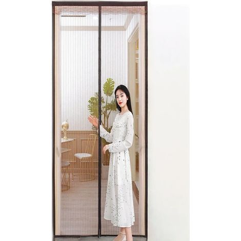 Moustiquaire magnétique de porte 100 x 220 cm, compatible avec les animaux, sans perçage, pour la maison et la cuisine. Dentelle à rayures marron 120 x 210 cm, 300 g. (1/5)