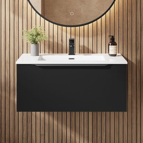 800mm Bathroom Vanity Unit Basin Wall Hung Storage Furniture Soft Close Black (1/5)