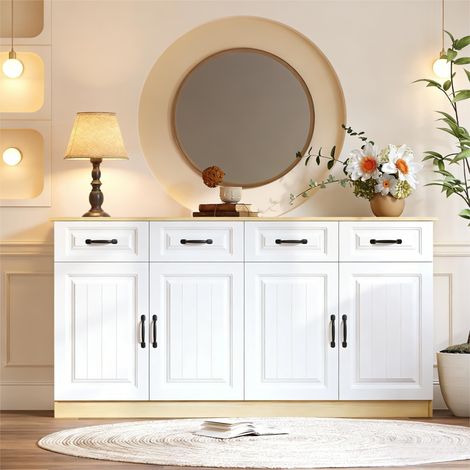 Buffet bas, commode à 4 tiroirs et 4 portes, 2 étagères, design cannelé, 8 poignées en métal, grand rangement supérieur pour salon, chambre et cuisine, largeur 160 cm, blanc + bois naturel. (1/5)