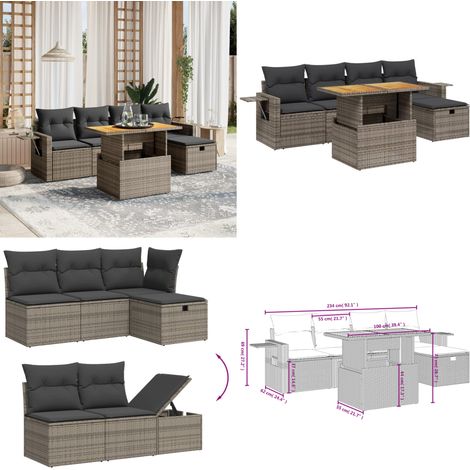 Set Divano da Giardino 6 pz con Cuscini Grigio in Polyrattan - Poltrona da giardino - Tavolo da giardino