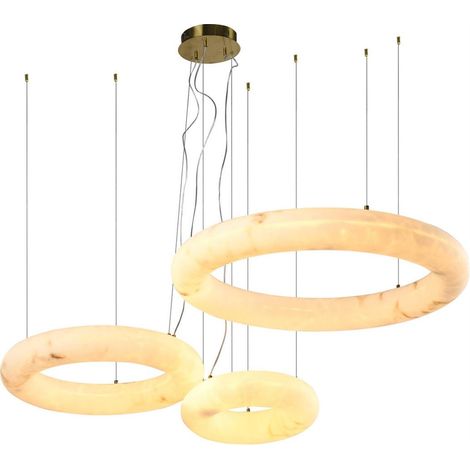 Suspension sculpturale à trois anneaux - blanc marbré et finition dorée (1/3)