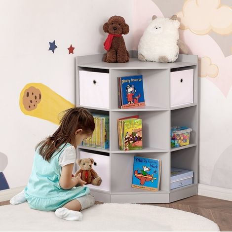 Meuble de rangement d'angle enfant avec 9 cases et 3 bacs, gris, 57,4 x 57,4 x 94 cm HAVRYA (1/5)