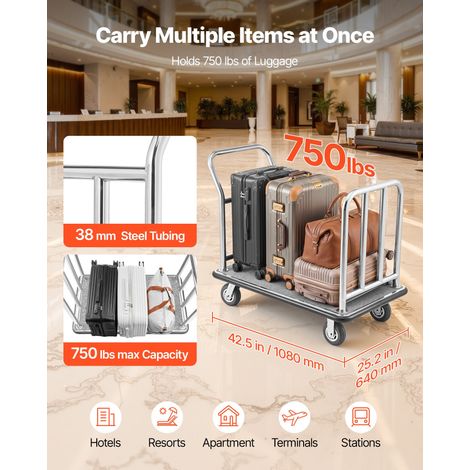 Chariot à Bagages Hôtel, 340 kg, Chariot à Plate-forme de Concierge, Cadre Avant Amovible, avec Moquette Grise, Roues Caoutchouc 15… (1/5)