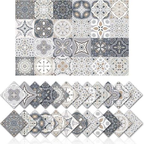 Lot de 24 autocollants carrelage 15x15 cm – Décoration murale adhésive en PVC imperméable – Carreaux de ciment vintage géométriques (1/5)