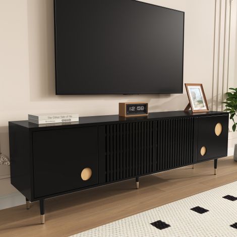 Meuble TV noir bois massif avec 2 portes, portes à structure grillagée avec poignées cachées, décor doré, 170x36x54 cm