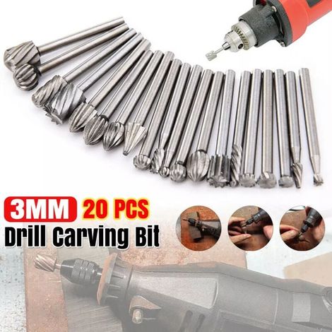 20-teiliges Doppelschnitt-Hartmetallfräser-Set, 3-mm-Schaft, Rollfräser-Bits, Zubehör für Dremel, Fordom, Flexwelle, für Holzschnitzerei, Metallbearbeitung und Gravur. (1/4)