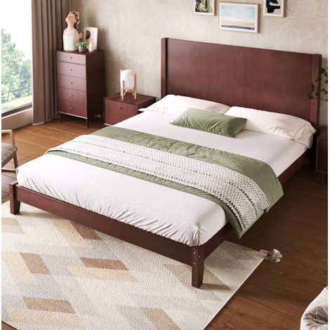 Cama plataforma de MDF y madera contrachapada marrón de 160x200 cm con cabecero y somier de láminas incluidos. (1/5)